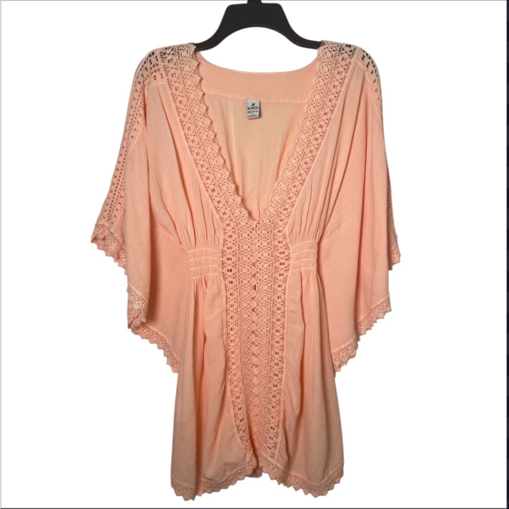 Blanco peach Crinkle Cotton Crochet Beach Cover Up Tunic Dress Size small